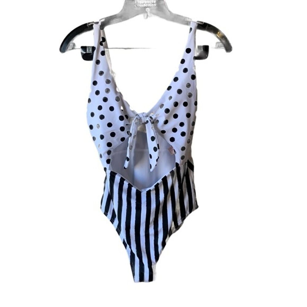 No Boundaries 1 Piece Swim Suit Black White Polka Dots Stripes Cutout Padded M